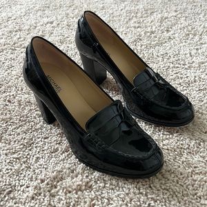 Black patent leather Michael Michael Kors penny loafer heels